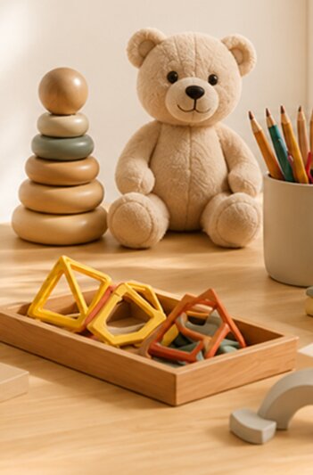 A curated collection of wooden toys, a plush teddy bear, and colored pencils
